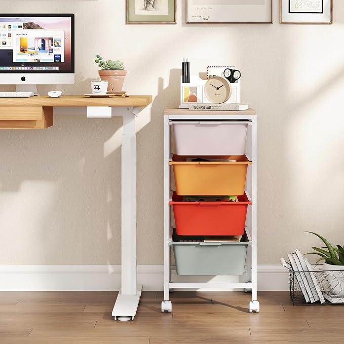 Giantex Rolling Storage Cart with 4 Drawers, Utility Cart w/Wooden Tabletop, Lockable Wheels, Multipurpose Organizer for Art Craft Scrapbook Paper, Drawer Carts for Dorm Classroom Office, Macaron - Image 4