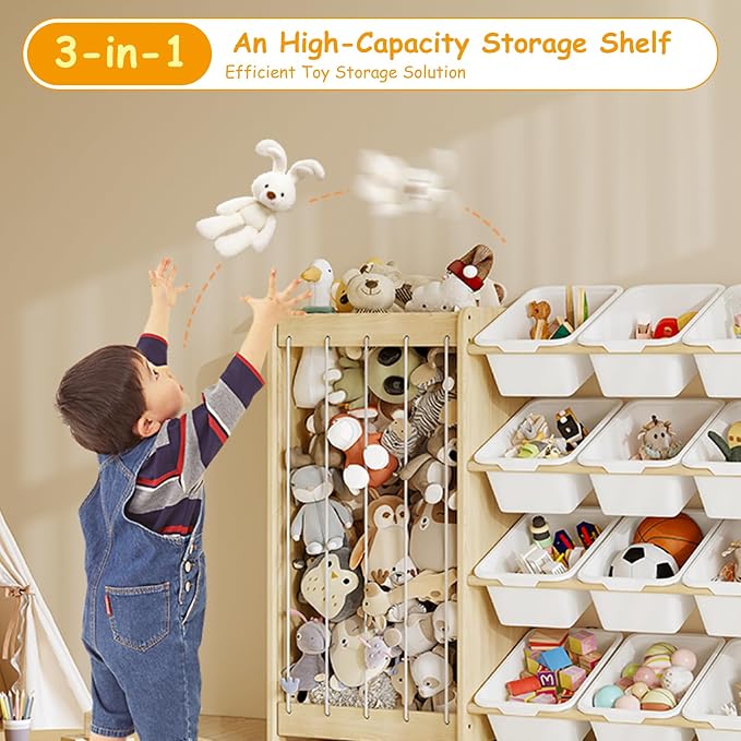 EXPERLAM Large Toy Storage Organizer, Wooden Stuffed Animal Storage & 12-Bins Toy Organizer, Double-Sided Plush Toy Holder Featuring Thicker Ropes, Space Save Playroom Nursery Bedroom Storage, White - Image 8