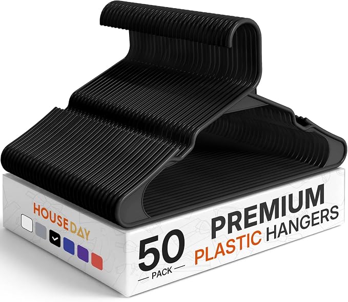 HOUSE DAY Black Plastic Hangers 50 Pack – Slim Space Saving Clothes Hangers | Durable Sturdy Hangers for Shirts, Coats, Pants and Dresses, Non-Slip Notches Hold Straps, Closet Refreshes and Daily Storage by HOUSEDAY