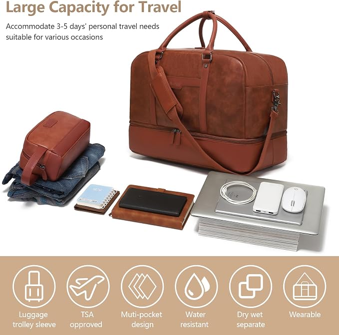 4-in-1 Waterproof Faux Leather Overnight Travel Bag for Women Men | Hospital Gym Weekender Bag Carry On Personal Item Travel Duffel Bags with Shoe Compartment Toiletry Bag Fit 21" Laptop - Image 3