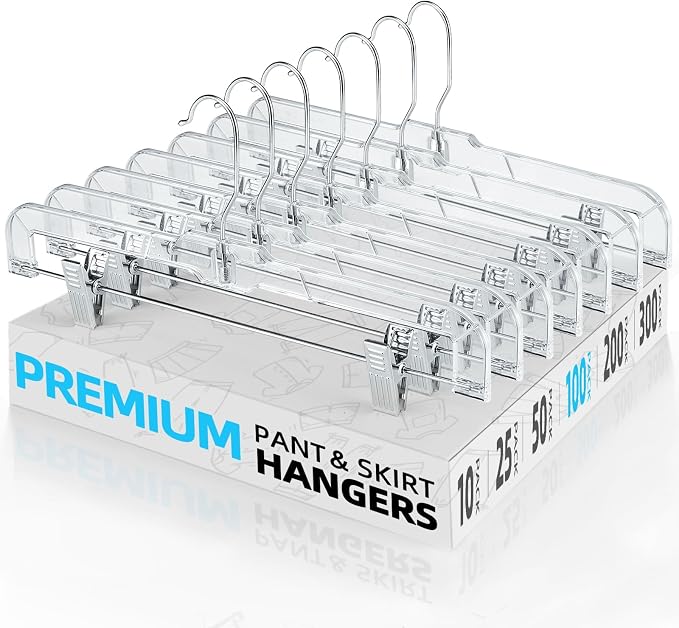 HOUSE DAY 100 Pack Heavy Duty Clear Pants Hangers, 14'' Skirt Hangers | No-Mark Clip Hangers with Stronger Grip, Adjustable Clips for Jeans, Pants, Skirts and Shorts, Bulk Retail, Boutique Hangers by HOUSEDAY