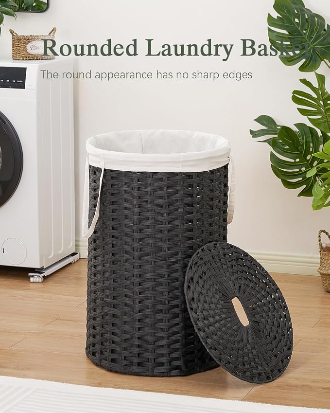 SETVSON Large Laundry Hamper Laundry Basket Round 130L, Black | Decorative PE Rattan Furniture Look for Bedroom, Round Laundry Hamper, Removable Liner Bag, 2 Mesh Bags, Handles - Image 2