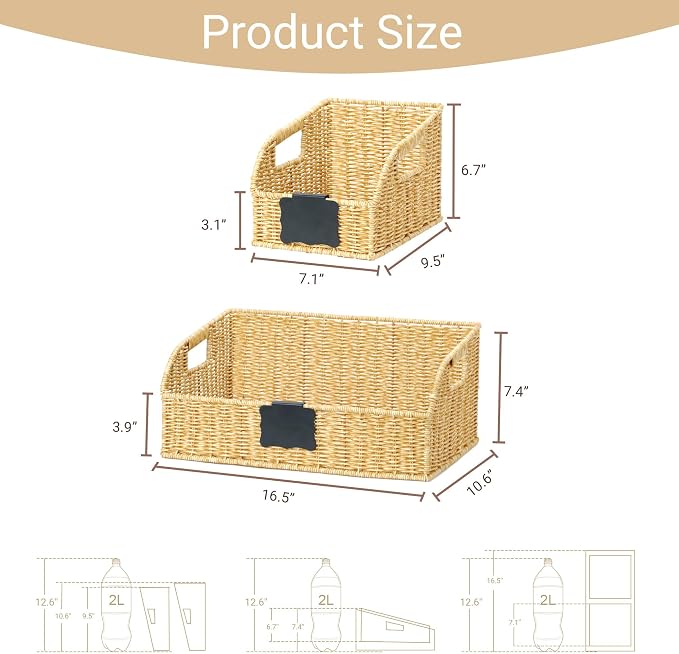 Pantry Organizers and Storage Basket for Organizing with Handles,Handwoven Large Wicker Baskets for Shelves - Waterproof Plastic Storage Bins, Boho Decorative, 3Pack, Natural - Image 3