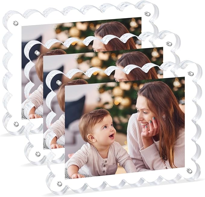Chivalral 6x8 Scalloped Acrylic Photo Frame 3 Pack,12+12mm Desktop Holders | With magnetic frames,vertical & horizontal keepsakes for weddings,birthdays,Christmas and anniversary celebrations by Chivalral