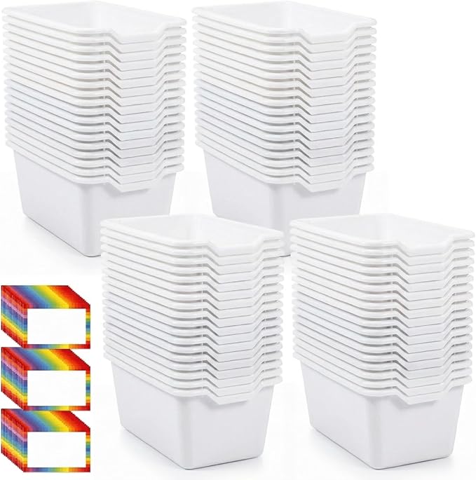 Funrous 72 Pack Plastic Cubby Bins for Classroom, Stackable Storage Bins with Rainbow Labels and Handles Cubby Organizer Containers for Teacher Supplies Home Office Daycare and Playroom (White) by Funrous