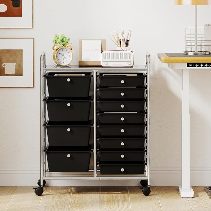 12 Drawer Rolling Storage Cart, Rolling Cart with Drawers for Classroom, Art Supply Craft Organizer on Wheel with Metal Frame & Handles for Home Office School (Black, 12 Drawer Left-Right) - Image 2