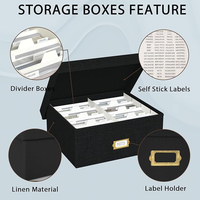 Decorative Photo Storage Box, 2 Pack Linen Photo Box Hold 1700 4x6 Pictures | Photo Storage Containers with 8 Dividers, Memory Keepsake Organizer for Photos, Scrapbook Supplies, Cards, Stamps, Black - Image 3