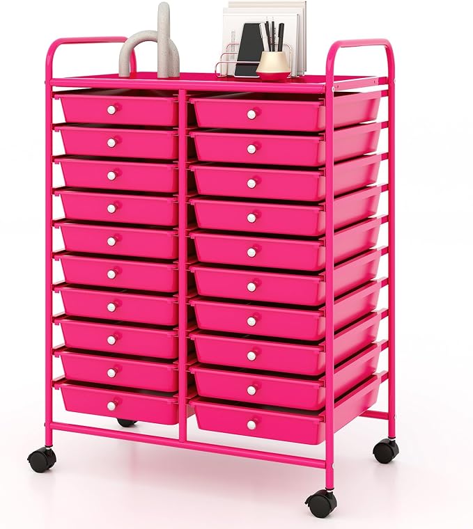 RELAX4LIFE 20-Drawer Rolling Storage Cart - Mobile Rolling Cart w/Drawers for School Classroom Teacher Office Home Salon, Paper File Art Supply Craft Organizer, Utility Cart on Wheels (Hot Pink) by RELAX4LIFE