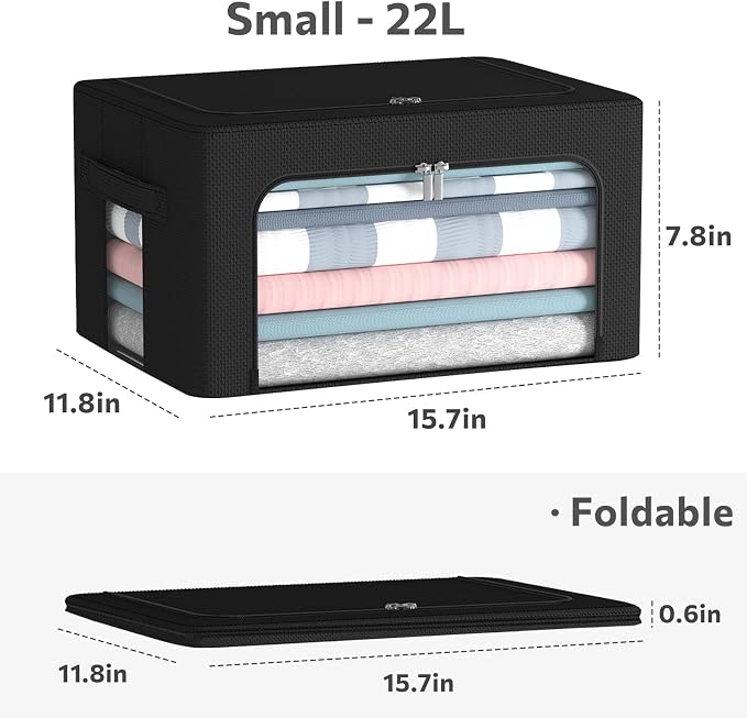 CYhom 3Pack Foldable Storage Bins - Frame Storage Box Linen Fabric Stackable Clothes Container Organizer with Clear Window & Carry Handles Large Capacity (Small-22L, Black) - Image 4