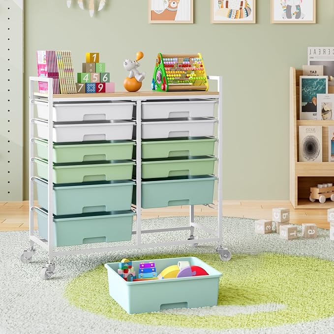TOOLF 12 Drawers Rolling Storage Cart with Wooden Top for Classroom,Green | Teacher Cart Craft Art Supply Organizer, Utility Cart with Lockable Wheels for Home Household Essentials, Office Organization - Image 8