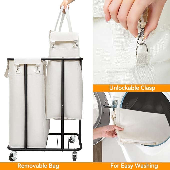 WOWLIVE Double Laundry Hamper with Wheels, 170L Rolling Laundry Basket | 2 Section Laundry Hamper, Laundry Cart with Steel Frame, Removable Bags, Large Dirty Clothes Hamper Dorm Room Storage, Beige - Image 6