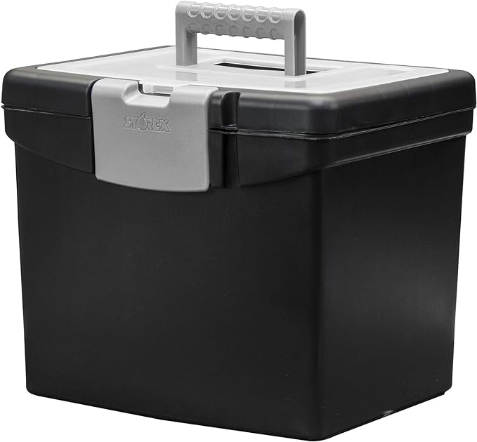 Storex Portable File Box with Organizer Lid – Plastic Office File Storage Box for Letter Paper and Hanging Folders, Obsidian, 1-Count (61504C01C) - Image 2