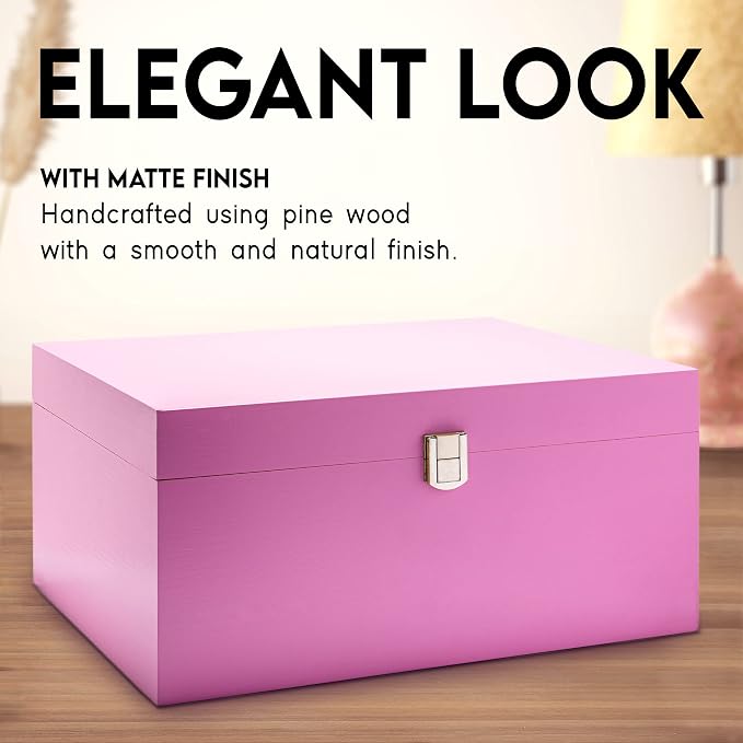 Large Memory Box For Keepsakes - Decorative Boxes With Hinged Lids, Pink Wooden Storage Box - Image 5