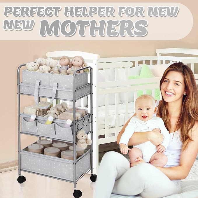 Yookeer 2in1 Baby Diaper Caddy Organizer Cart 3 Tier Large Capacity Metal Utility Bedside Rolling Cart with Divider Newborn Registry Gift Nursery Essential Must Have Bedroom Baby Shower(Gray,Star) - Image 5