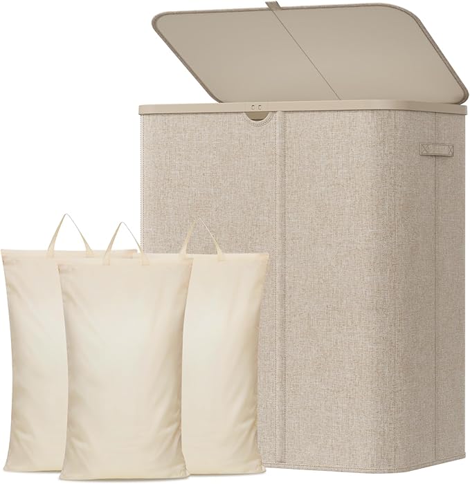 Lifewit 185L 3 Section Laundry Hamper with Lid, Laundry Basket, Beige | Large Foldable Laundry Sorter with 3 Removable Bags, Tall Clothes Hamper for Bedroom and Bathroom by Lifewit