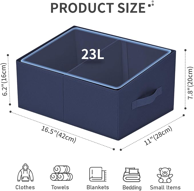 DIMJ Large Closet Shelf Organizer Bins 8Packs with Handles and Divider, Fabric Trapezoid Storage Baskets, Foldable Clothes Containers Box for Shelf, Towel, Book, Toy, Purse, Hats, Navy Blue - Image 2