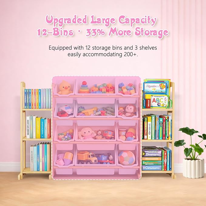 Kids Toy Storage Organizer with Bookshelf – Wooden Shelf with 12 Bins & 6 Shelves, Quick Assembly Storage Rack for Playroom, Bedroom, Nursery – Colorful - Image 5