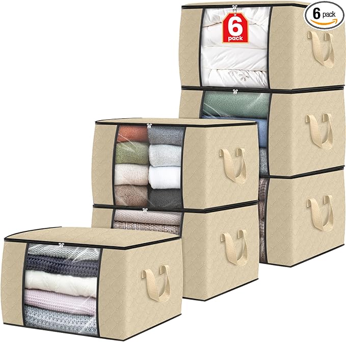 6 Pack Storage Bags for Clothes Blanket Storage Bins with Lids | Foldable Closet Organizers with Zippers,Window and Handles,Fabric Storage Bins for Sweater,Comforter,Bedding,Dorm essentials by Fabtotes