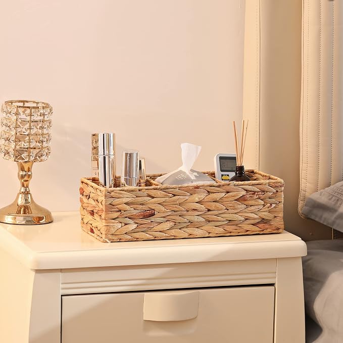 3 Section Wicker Storage Basket, Hand-Woven Water Hyacinth Storage Baskets, Wicker Baskets for Storage, Toilet Paper Basket for Toilet Tank Top, Small Baskets for Organizing Shelves, 2-Pack - Image 7