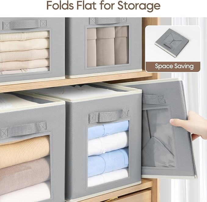 Foldable Storage Cubes - Cubby Storage Organizer with Window, Decorative Baskets for Organizing, Fabric Bins for Clothes Storage, Closet Storage Cubes 11inch, Set of 12, Grey - Image 8