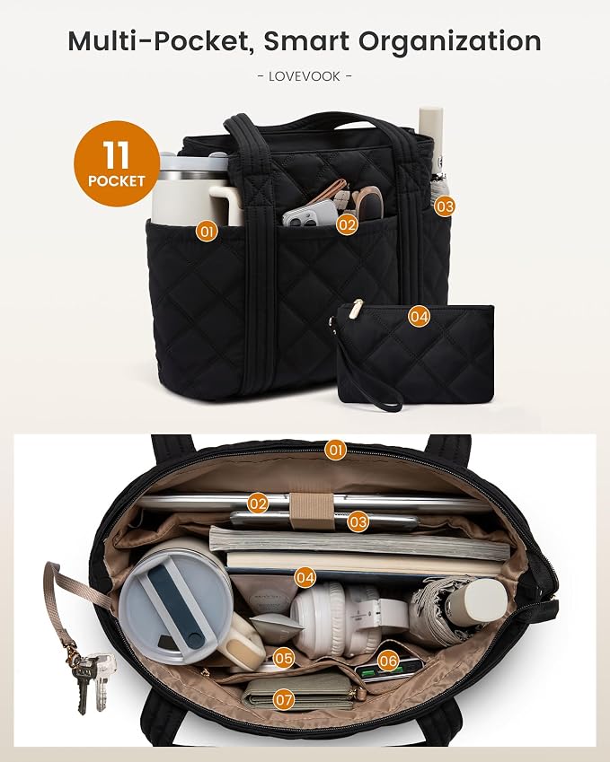 LOVEVOOK Puffer Tote Bag for Women, Puffy Work Handbag with Cup Holder, Travel Carry On Bag with Zipper for Teacher Nurse Gym - Image 4