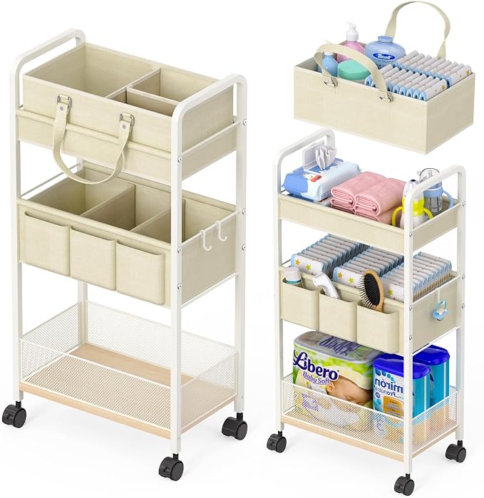 2In1 Baby Diaper Caddy & 3-Tier Rolling Cart, Diaper Caddy Organizer Carts with Dividers, Mobile Metal Utility Cart for Nursery Essentials, Detachable Bedside Cart, Large Capacity, White by LIDTOP
