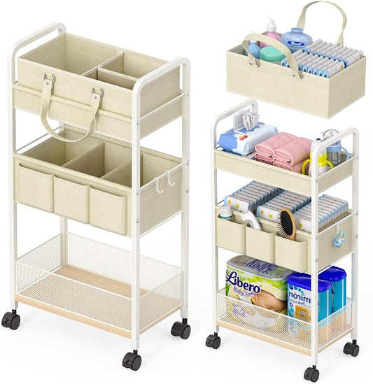 2In1 Baby Diaper Caddy & 3-Tier Rolling Cart, Diaper Caddy Organizer Carts with Dividers, Mobile Metal Utility Cart for Nursery Essentials, Detachable Bedside Cart, Large Capacity, White by LIDTOP