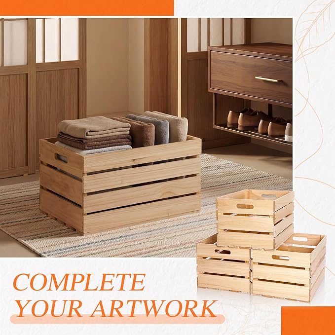 Weysat 3 Pack Large Wood Crates Box for Storage 24 x 15 x 12 inch Unassembled Wooden Milk Crates with Handle Decorative Nesting Box for Display Rustic Decor DIY Office Home Retail Art Craft (Wood) - Image 5