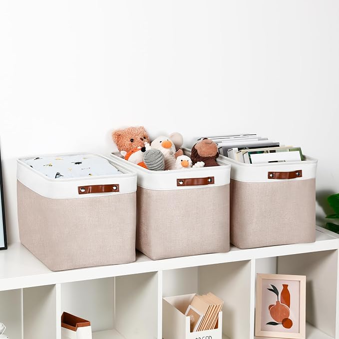 DULLEMELO Fabric Storage Bins, Lining Fabric Baskets For Gifts, Large Storage Baskets for Books Clothes Storage, Foldable Storage Basket for Office Home Shelves Closets Organizing(White&Khaki) - Image 4