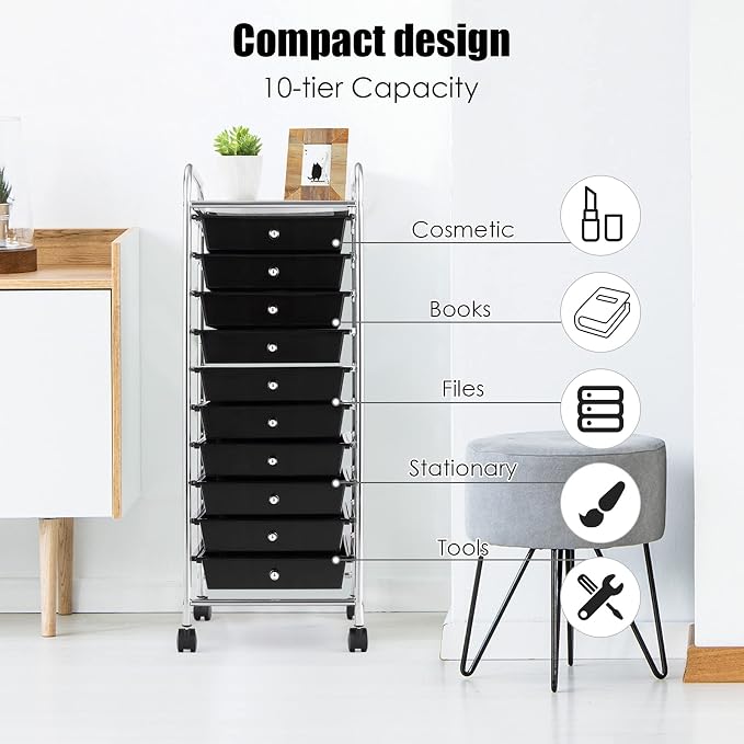 GOFLAME 10-Drawer Rolling Storage Drawer Cart, Utility Cart with Removable Drawers & Metal Frame, Mobile Art Craft Drawer Cart with Lockable Wheels for Home, Office, Studio, School, Black - Image 5