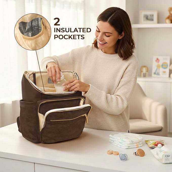 miss fong Leather Diaper Bag Backpack Suede Baby Backpack with Changing Pad | 14Pockets Convertible Mommy Diaper Backpack for Mom Waterproof Wet Pocket,Insulated Pockets,Stroller Straps Luggage Sleeve - Image 2