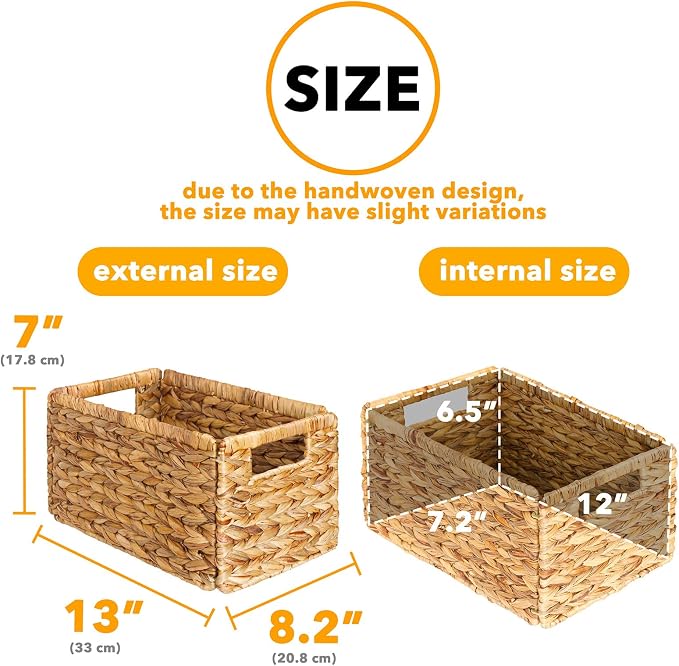 SpaceAid 6 Pack Wicker Basket, Storage Baskets for Organizing, Woven Rattan Basket with Handles for Shelves, Water Hyacinth Large Cube Organizer Storage Bin, 13x8.2x7 inch, Natural - Image 3