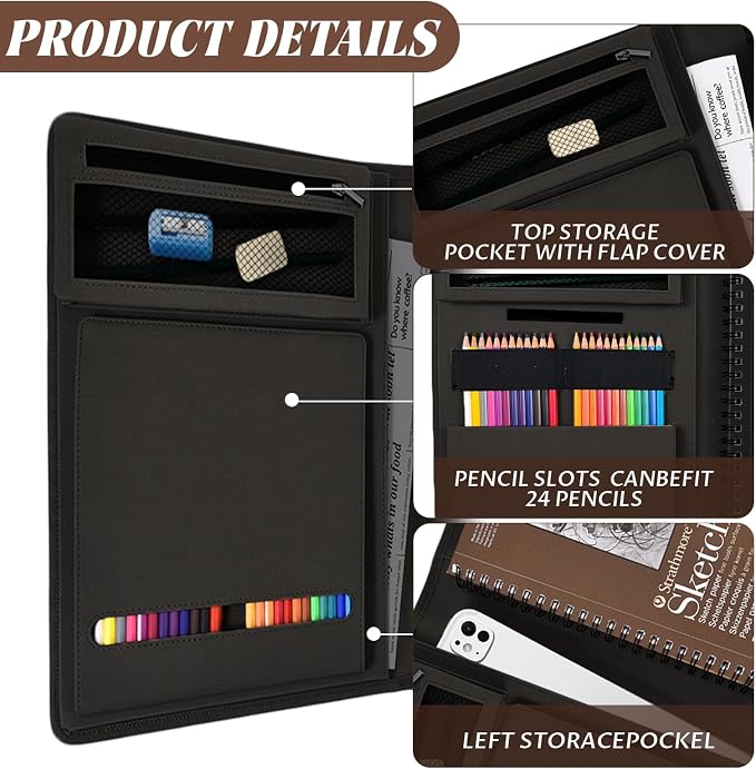 Black Leather Sketchbook Cover 9x12, Travel Drawing Portfolio | Portable sketch kit organizer, pencil holder, Fits 9x12 Sketch Book, Spiral Pad, Compact artist storage case - Image 5