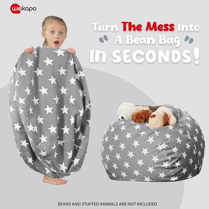 WEKAPO Stuffed Animal Storage Bean Bag Chair Cover for Kids | Stuffable Zipper Beanbag for Organizing Children Plush Toys Large Premium Cotton Canvas (Grey Star, X-Large) - Image 3