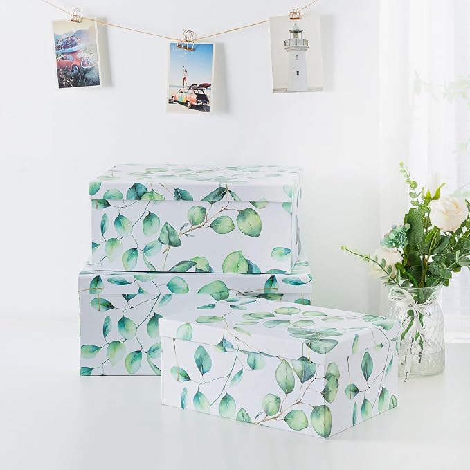 Soul & Lane - Eucalyptus Decorative Storage Boxes with Lids, Set of 3 | Large Nesting Cardboard Keepsake Boxes for Memories, Photos and Gifts, Pretty Leaves Print Containers for Home Decor - Image 5
