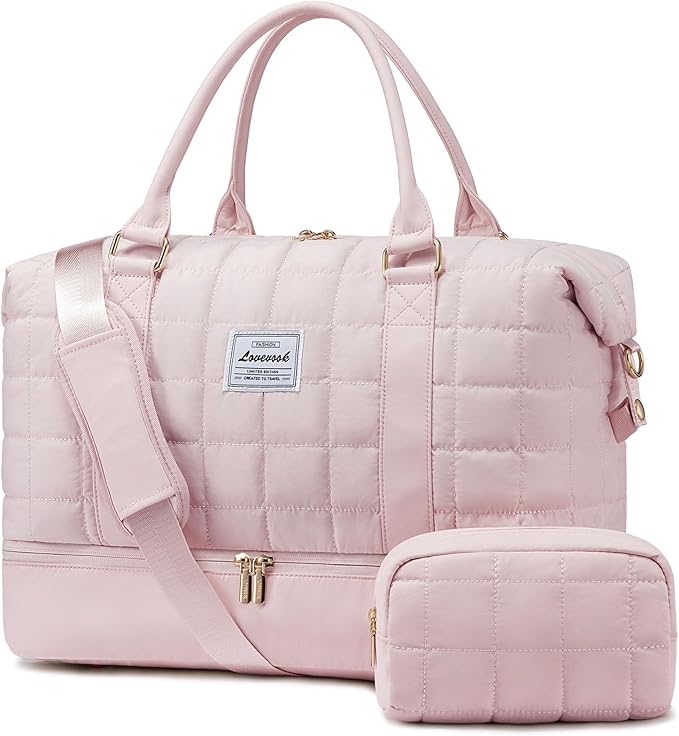 LOVEVOOK Large Duffle Bag for Travel, Puffer Weekend Bags for Women Travel Tote, Carry on Duffel Bag for Airplanes, 18 Inch Personal Item Bag Gym Bag Women, Pink by LOVEVOOK