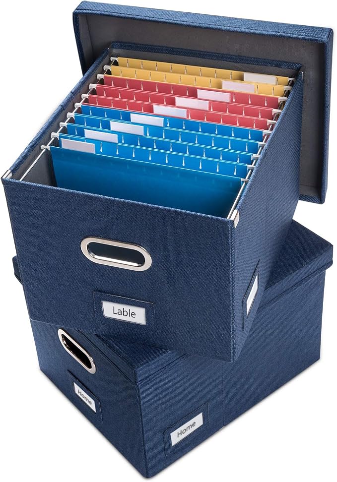 File Organizer Box - Set of 2 Collapsible Decorative Linen Filing Storage Hanging File Folders with Lids Office Cabinet Letter/Legal Size Navy Blue (17x14x11.2 inch) by Prandom