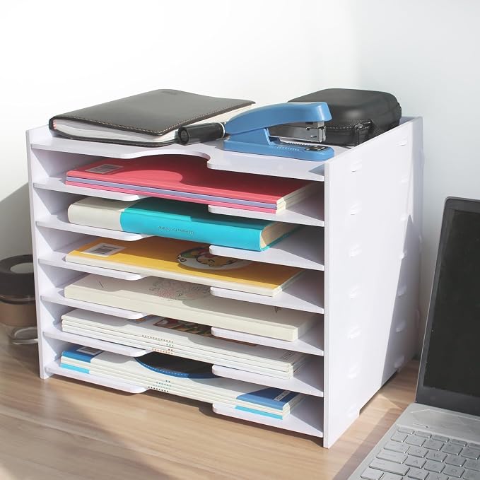 SONGWAY File Organizer for Desk - 7 Tier Wide Document Holder, Letter Mail Tray Storage Rack, A4 Paper Storage Holder, Desktop Organizer for Home Office School, White - Image 6