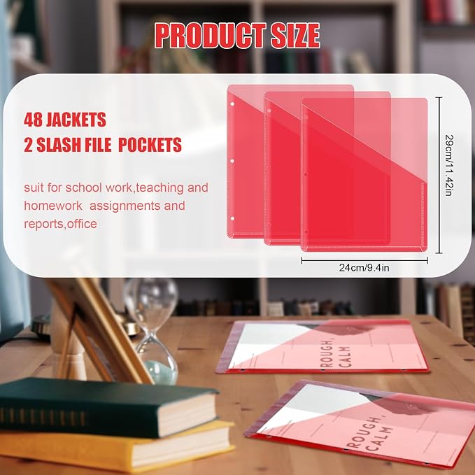 Seajan 48 Pcs Binder Pocket Folders, Clear 3 Ring Binder, Red | Plastic Folders Sleeves with 2 Pockets, Poly Slash File Jackets, 3 Hole Punched Dividers for School, Office, Documents - Image 2
