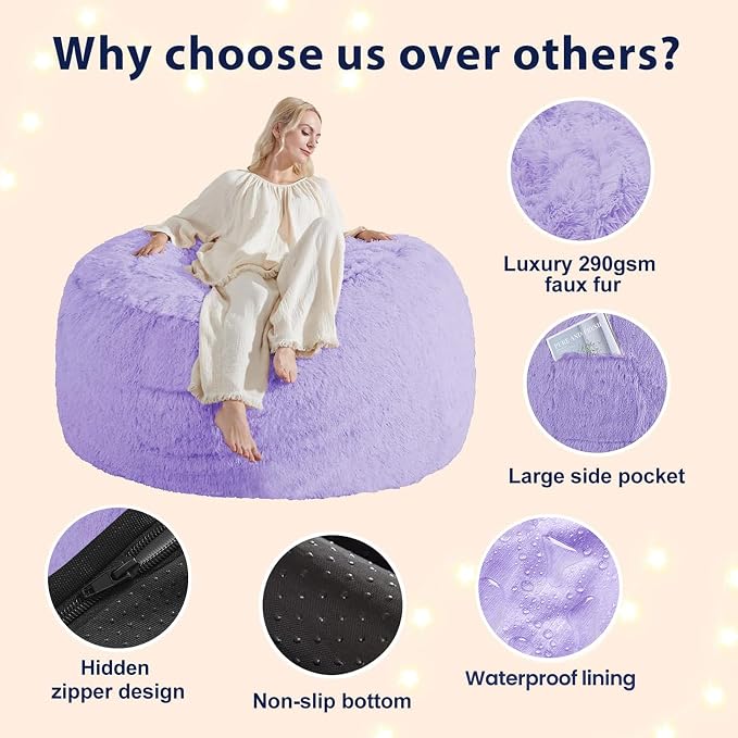 Bean Bag Cover (No Filler) - Faux Fur Beanbag Chairs Covers Only, Stuffed Animal Storage Bean Bag for Adults, Large Washable Beanbag Cover Without Filling, 5FT, Purple - Image 5
