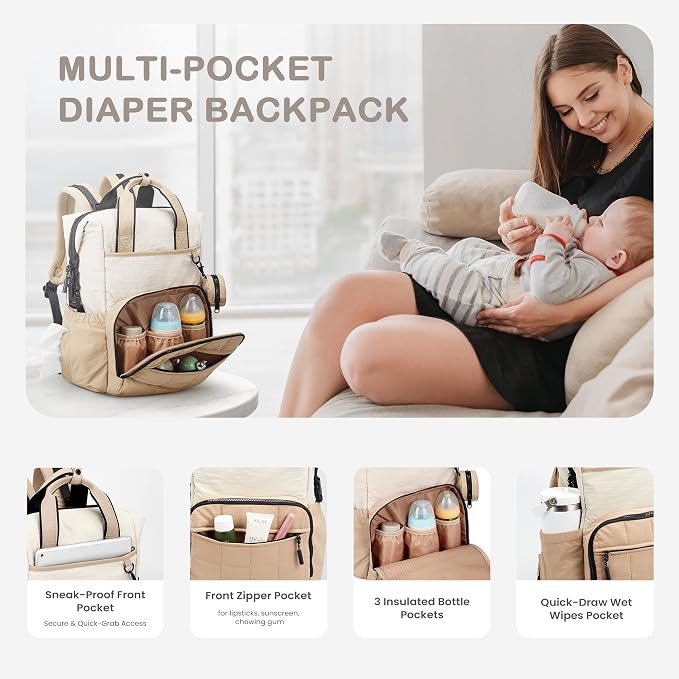 VONAL Diaper Bag Backpack, Lightweight Baby Diaper Bags, Travel Large Diaper Bag with Changing Station, Khiki Diaper Backpack for Boys Girls Newborn with Insulated Pockets, Stroller Straps - Image 4