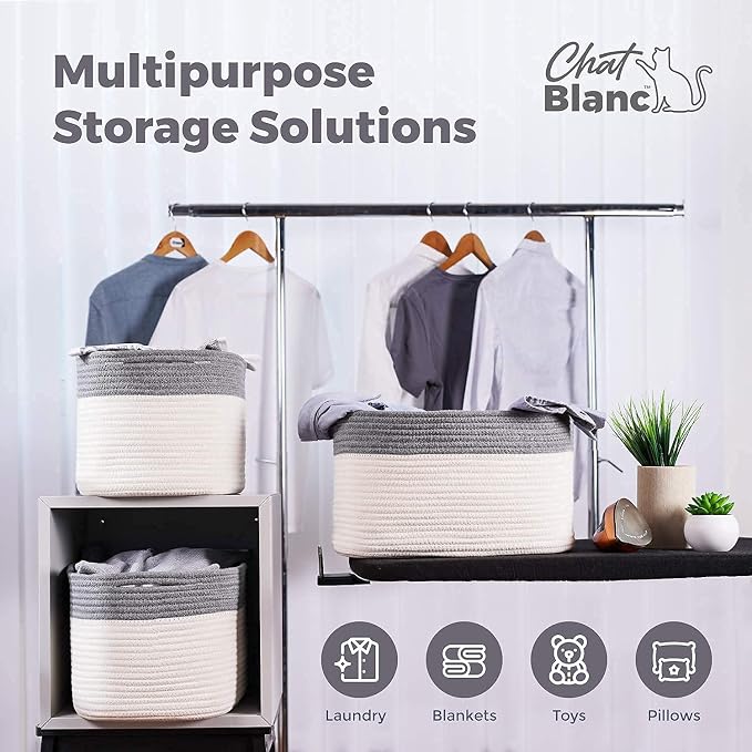 CHAT BLANC Cotton Rope Baskets for Organizing, Shelves, Toys, Storage, Shoe, Bathroom, Laundry, Towel, Nursery, Home Decor, Blanket, Cloth Woven Bins Fabric (Dark Gray & Creamy White7, 15"x10"x9") - Image 5