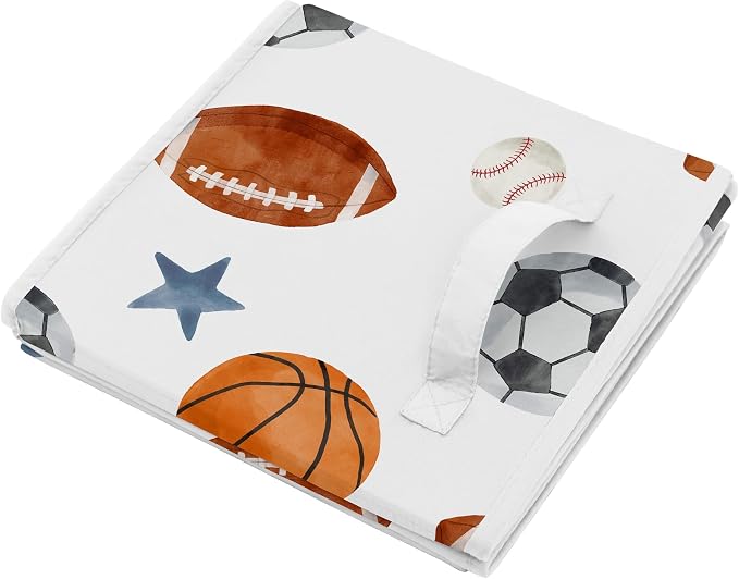 Sweet Jojo Designs Sports Theme Boy Collapsible Fabric Storage Cubes Foldable Bins Organizer Boxes Kids Baby Childrens Toys Set of 2 - Watercolor Soccer Balls Football Baseball Basketball Blue Stars - Image 4