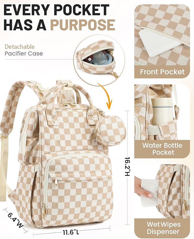 Corduroy Diaper Bag Backpack, Large Capacity Multifunction Baby Diaper Bags for Women, Insulated Bottle Pockets & Pacifier Case, Stylish Travel Nappy Changing Bags for Mom Dad (Checkered Brown) - Image 5