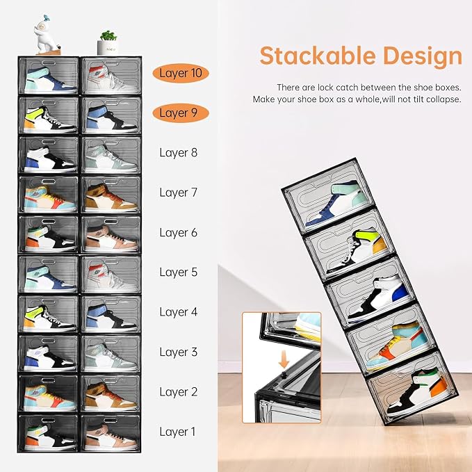8 Pack Drop Side Shoe Boxes, Large Stackable Shoe Storage, Thick Plastic | Sneaker Storage with Magnetic Door, Shoe Organizer for Closet, Sturdy Shoe Containers, Sneaker display Case Fit up to Size 13 - Image 9