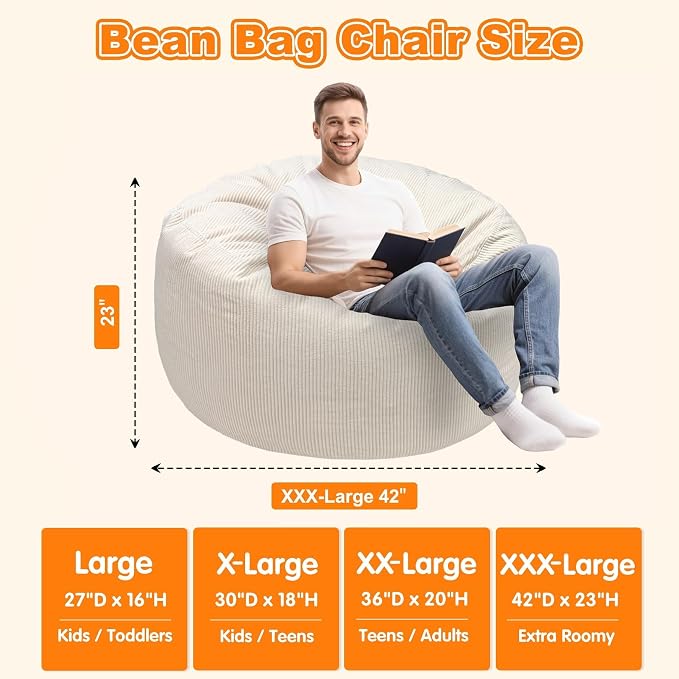 Lukeight Bean Bag Chair for Teens and Adults, Memory Foam Filled Floor Lounger, Washable Velvet Cover with Inner Liner, Beanbag Chair with Filling for Gaming and Reading, Beige, XXX-Large 42"D x 23"H - Image 2