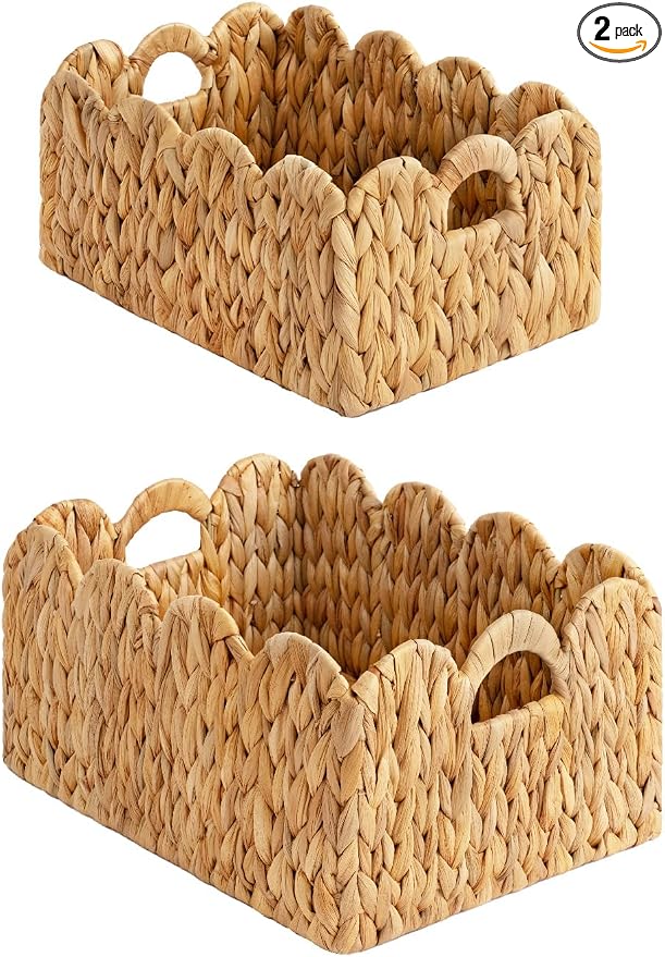 StorageWorks Scalloped Edge Wicker Basket, Hand-woven Rattan Baskets with Built-in Handles, Water Hyacinth Basket for Organizing and Decor, 2 Pack | Woven Baskets for Storage, Wicker Storage Baskets for Shelves, Large Wicker Basket, Shelf Basket with H... by StorageWorks