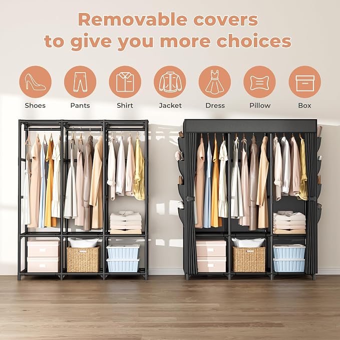 Wardrobe Closet, Portable Closets for Hanging Clothes 19mm Steel Tube Portable Wardrobe Closet for Bedroom, Clothes Rack with Cover, 3 Hanging Rod, 6 Storage Shelves and Side Pocket - Image 6
