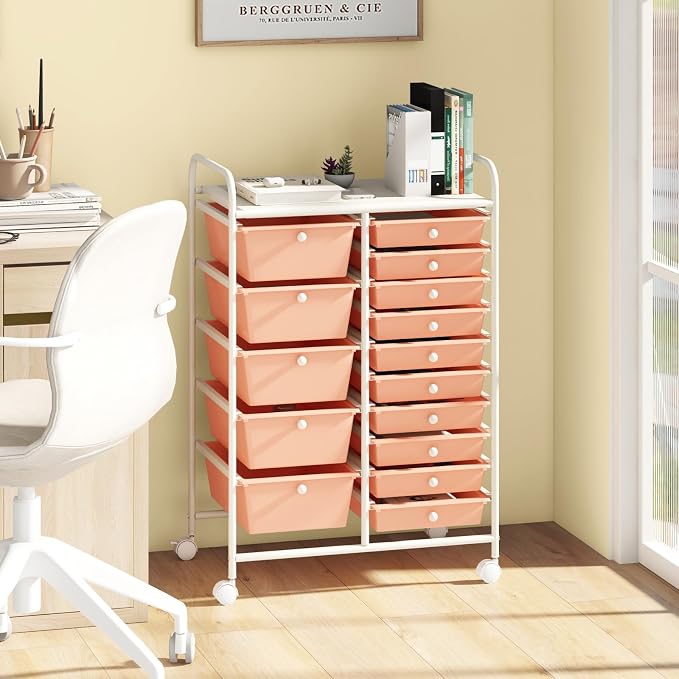 RELAX4LIFE 15-Drawer Storage Drawer Carts - Mobile Rolling Utility Cart w/Wheels, Craft Organizer for Classroom Organization and Storage, School, Office, Home, Storage Organizer Cart (Pink) - Image 2
