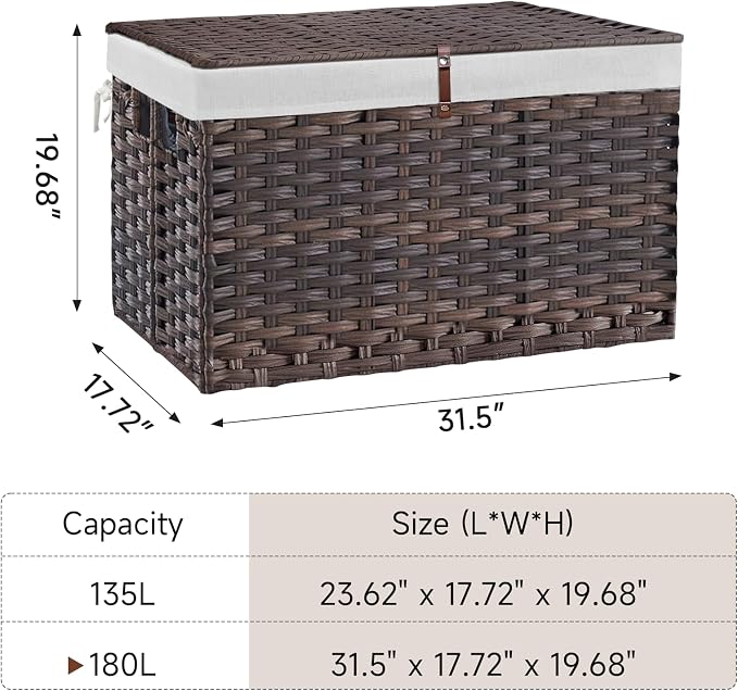 180L Wicker Storage Basket with Lid, Handwoven Rattan Large Shelf Basket with Removable Liner, 47.6 Gallon Wicker Basket for Blanket, Storage Trunk with Handle for Closet, Bedroom, Livingroom, Brown - Image 4